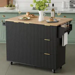 Rolling Kitchen Island with Storage, Portable Kitchen Island with Drop Leaf Breakfast Bar, Modern Farmhouse Kitchens Cart on Wheels with Fluted Design, Towel Rack, Spice Rack, Black