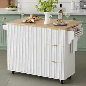 Rolling Kitchen Island with Storage, Portable Kitchen Island with Drop Leaf Breakfast Bar, Modern Farmhouse Kitchen Cart on Wheels with Fluted Design, Towel Rack, Spice Rack, White
