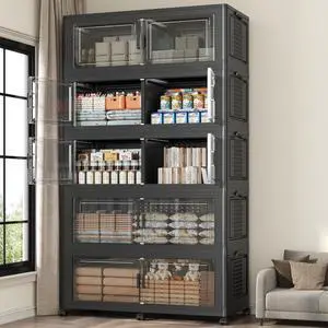 250GAL Extra Large Storage Bins with Lid, 1000Qt Stackable Closet Organizers and Drawers, Collapsible Storage Bins with Wheels, Folding Storages Cabinet for Home Bedroom Office, 5Pack Black