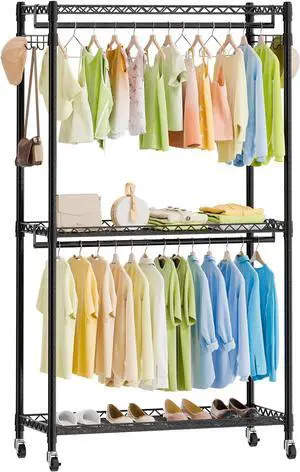 ENJOYBASICS Heavy Duty Metal Clothes Rack with Lockable Wheels, 3-Tier Adjustable Garment Clothing Rack for Hanging Clothes, Wardrobe Storage with Double Rods and Side Hooks, Black