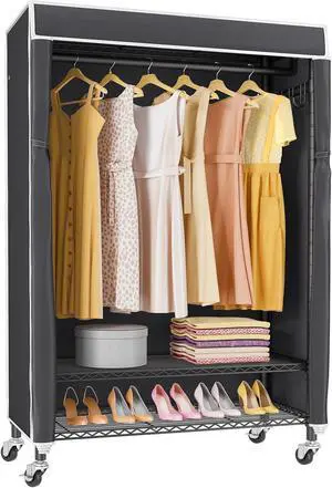 R3C Rolling Clothes Rack with Cover Portable Closet for Hanging Clothes, Heavy Duty Garment Rack Freestanding Clothing Racks with Wheels& Hanging Rod, Black Closet Racks with Black Cover
