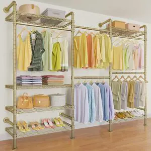 F3 Garment Rack Heavy Duty Clothes Rack for Hanging Clothes, Expandable Industrial Pipe Wall Mounted Clothing Rack, Adjustable Storage Closet Wardrobe Closet Kit Walk in Closet Systems, Gold