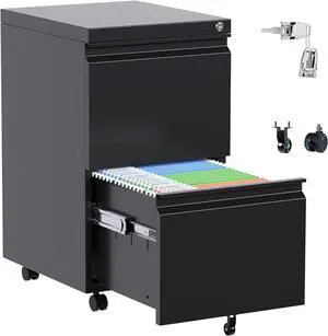 Metal 2 Drawer Mobile File Cabinet with Lock, Under Desk Office Steel Filing Cabinet, 25.6''H Legal/Letter Size, Black, Fully Assembled Except Wheels