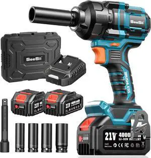 Impact Wrench 886 FT-LBS(1200N.m) 2900IPM 1/2 Impact Gun High Torque Electric Cordless Impact Wrench with 21V 2x4.0Ah Battery 5 Sockets and Case for Home Car Truck Tire Lug Nut Removal Tool Set