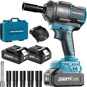 Cordless Impact Wrench, 1/2 Impact Gun with 2 * 4.0A Battery, Brushless Max Torque 885ft-Lbs (1200N.m) Electric Power Impact Driver with Charger & 6 Sockets for Car/DIY Furniture/Lawn Mower
