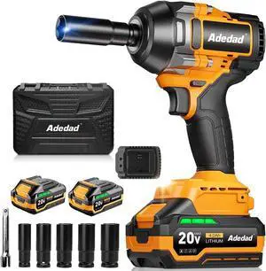 1000N.m Cordless Impact Wrench 1/2 inch,20V 740ft-lbs High Torque Impact Gun with 2 x 4.0 AH Batteries,Sockets and Case,Brushless Power Impact Driver for Automotive and Heavy Duty Use