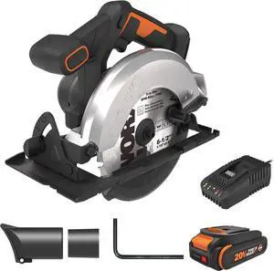 20V Cordless Electric Circular Saw 6-1/2'' Max. 2-3/16" Cutting Depth 4700 Rpm 0-50° Bevel Capacity 2.0 Ah Battery and Charger Included WX526L