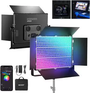 150W RGB LED Panel Video Light Kit with Barn Doors, 1800 LEDs 42500Lux/0.5m 2500K-10000K CRI96+/TLCI97+ 0-100% Dimming, APP/2.4G/Panel/DMX Control for Pro Studio Gaming Lighting, AP150C