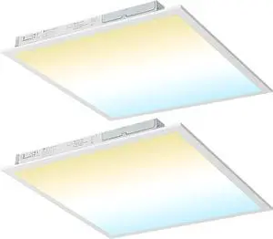2x2 LED Flat Panel Light, 50W/45W/40W/30W/25W Adjustable, 5000K/4000K/3500K Selectable, 5500LM 0-10V Dimmable Drop Ceiling Lights, 100-277V ETL-Listed, 2-Pack