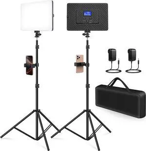 2 Pack Led Video Light Kit, 4000mAh Rechargeable Lithium Battery, Light Panel 2500k-8500k 2200Lux 79 inches Light Stand for Studio Photography Light Video Recording Game Live Streaming