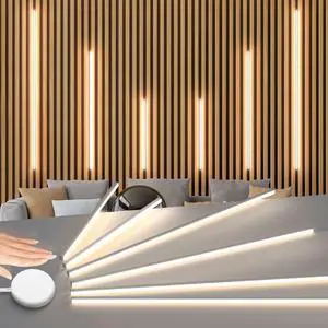 LED Recessed Lighting for Acoustic Panel, 6 Pcs of 3000K Dimmable LED Strip Light for Wood Slat Wall Panel in Parallel with Touch Sensor, Self-Adhesive for Slat Wall Decor (4*28 in+2*16 in)