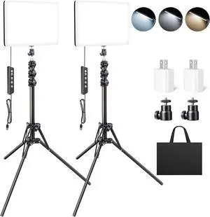 2 Pack LED Video Light Kit, Studio Lights,  Photography Lighting with 64" Tripod Stand, Dimmable 2800-8400K Podcast Lighting Panel for Video Recording/Game Live Streaming/YouTube