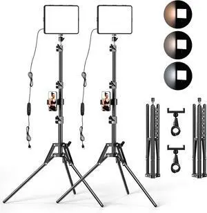 2 Packs Video Light Kit, LED Studio Light, 2700-6500K Dimmable Photography Lighting Kit with Tripod Stand&Phone Holder, 12" Rotating Streaming Light for Video Recording, Game Streaming, YouTube
