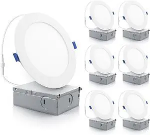 6 Inch Ultra Thin LED Recessed Ceiling Lights, Smooth Trim Canless Downlight,12W 1100Lm 5000K Daylight, Dimmable, Wafer Thin, Slim LED Panel with Junction Box, ETL Listed, 6 Pack