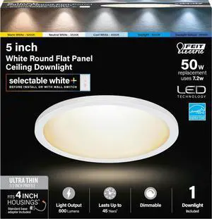 4 Inch LED Ceiling Downlight, Dimmable Flat Panel Ceiling Light with Color Selection (5CCT), Fits Most 4 Inch Recessed Cans, TP24 Adapter Included (5"x 5"x 0.5"), 4 Pack, 74202/6WYCA/4