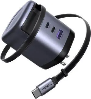 Nexode 100W GaN USB C Retractable Charger with Built-in Cable 3-Port Fast Charging Wall Adapter for Laptop MacBook Pro/Air iPhone 17/16 Galaxy S25 Pixel iPad MatePad DJI Drone