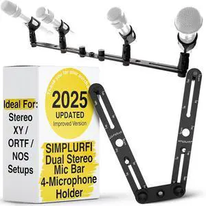 Stereo Array Spacing Bar Microphone Holder with Ruled Markings Assembled - Mount 4 Mics - X-Y and ORTF Mic T-Bar Bracket, Fits 3/8" and 5/8" Mic Stands with Included Adapter