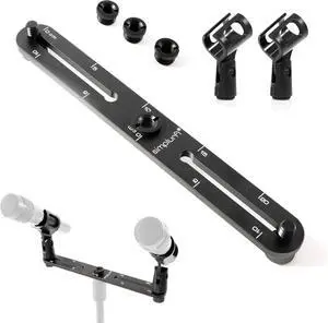 Stereo Array Spacing Microphone Mount with Ruled Markings - Holds 2 Mics - X-Y and ORTF Mic T-Bar Bracket, Fits 3/8" and 5/8" Mic Stands with Included Adapter (MIC-BAR-CLIP-MARK)
