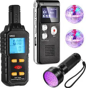 7 Pcs Ghost Hunting Equipment Kit Includes 1 Pcs 8gb Audio Recorder 1 Pcs Emf Meter Magnetic Field Detector 4 Pcs Ghost Hunting Cat Balls 1 Pcs UV Black Light Flashlight for Ghost Hunting