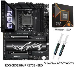 ASUS ROG CROSSHAIR X870E HERO Motherboard & AMD Ryzen 5 9600X CPU Combo, AMD AM5 ATX motherboard, Advanced AI PC ready, 18+2+2 power stages, DDR5, PCIe 5.0, 5x M.2, Wi-Fi 7, USB4 ASUS ROG CROSSHAIR X870E HERO Motherboard & AMD Ryzen 5 9600X CPU Combo, AMD AM5 ATX motherboard, Advanced AI PC ready, 18+2+2 power stages, DDR5, PCIe 5.0, 5x M.2, Wi-Fi 7, USB4