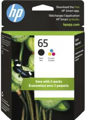 HP 65 2-pack Black/Tri-color Original Ink Cartridges, ~120 pages, T0A36AN#140