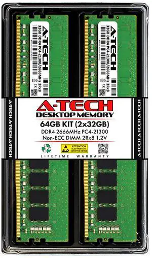 A-Tech 64GB 2x 32GB PC4-21300 Desktop DDR4 2666 Non-ECC DIMM 288-Pin Memory RAM