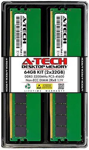 A-Tech 64GB 2x 32GB PC5-41600 DDR5 5200 MHz Non-ECC DIMM Desktop Memory RAM x2