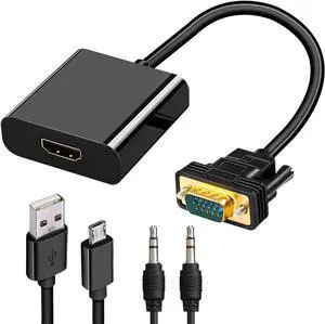 VGA to HDMI Adapter Converter 15 Pin D-sub to HDMI Converter 1080P Full HD VGA Source Output to HDMI Host Input Video Dongle for Monitor Laptop HDTV PC (VGA Output to HDMI Input Irreversible)