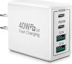 USB C Wall Charger Block 40W 4-Port USB C Fast Charger Dual Port PD Power Adapter + QC Wall Plug Multiport Brick Type C Fast Charging Block for iPhone 15/14 Pro Max/13 Pro/12/11 XS/X  Cube