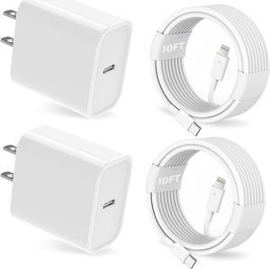 25W iPhone Charger, 2 Pack 25W PD USB C Wall Fast Charger Adapter with 2 Pack 10FT Long Type C to Lightning Cable Compatible with iPhone 14 13 12 11 Pro Max XR XS X,iPad