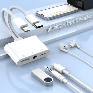 Multi Lightning + USB C to USB Adapter 3 in 1 USB OTG Adapter+3.5mm Audio Headphone Jack Adapter+Fast Charging Port Phone Splitter Compatible with iPhone 14/13/12 Most Type-C Phones iPad Pro Laptops