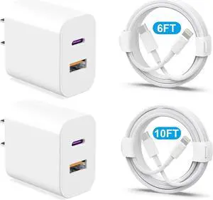 Phone Charger 2 Pack 20W Dual Port QC + PD 3.0 Power Adapter Fast Wall Charger Block with 6FT&10FT Super Fast Charger Cable for iPhone 14 13 12 11 Pro Max XR XS X iPad More
