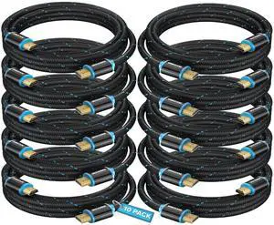 HDMI Cable 4K Ultra HD 6 Foot (10 Pack) Nylon Braided HDMI 2.0 Cable High Speed 18Gbps 4K60Hz HDR 3D 2160p 1080p HDCP 2.2 ARC HDMI Cables for Monitors HDTV