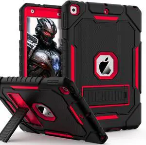 Case for iPad 9th/8th/7th Generation 2021/2020/2019(10.2 inch), Heavy Duty Military Grade Shockproof Rugged Protective 10.2" Cover with Built-in Stand for iPad 9 8 7 Gen (Black+Red)