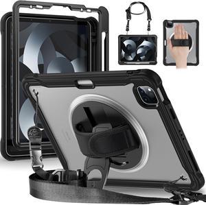 Case for iPad Pro 12.9-inch 2022 6th M2 /2021 (5rd Generation) / iPad Pro 12.9" 4th/3rd Gen Heavy Duty Rugged Shockproof Tablet Cover with 360° Rotating Hand Strap & Shoulder Strap, Black