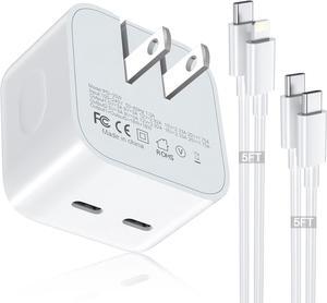 35W Dual USB-C Port - Compact Power Adapter Foldable USB Type C Plug Fast Wall Charger with 2Pcs 5FT C to L, C to C Charging Cord for iPhone 14 13 12 11 Pro Max Plus Mini, iPad, MacBook Air