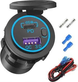 Boostable 12V USB C Outlet 65W PD3.0 Port and 18W Quick Charge 3.0 Car USB Charger Socket for Laptops Tablets Phones, Waterproof 12V/24V Socket with Power Switch for Car Marine Boat Motorcycle RV