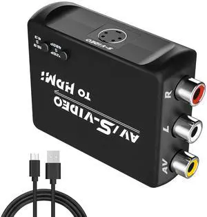 AV S Video to HDMI Converter | RCA to HDMI Converter | Composite CVBS Audio Video Adapter | Supports PAL/NTSC | for VCR/VHS/Xbox/PS1/PS2/SS/N64/STB/TV/PC/Blue-Ray DVD Players. Black CVTR-2