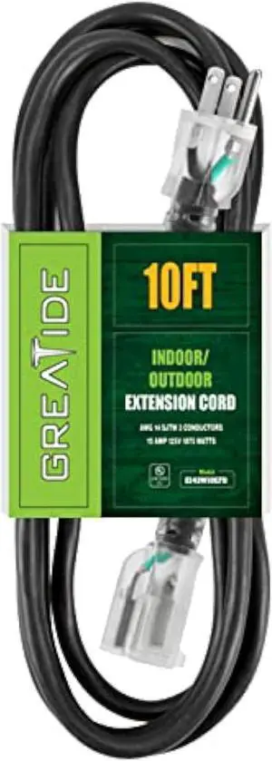 GREATIDE 10 Ft 14/3 Lighted Outdoor Extension Cord - 14 Gauge SJTW Heavy Duty Black Extension Cable with 3 Prong Grounded Plug, Great for Lawn, Garden, Appliances