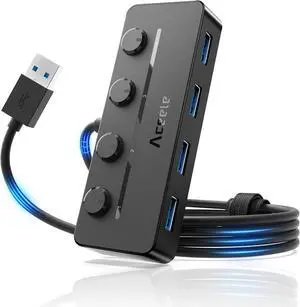 Aceele USB Hub 3.0 with Individual LED Power Switches & Type C Power Port, Multiport USB Splitter 3.0 with 4FT Long Cable, Slim & Portable USB Port Extender for Laptops, PC, MacBook, Mac Pro and More