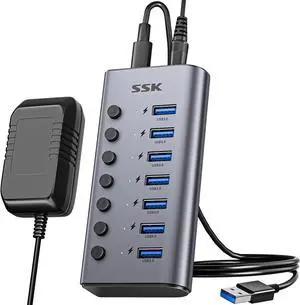 SSK 7-Port Powered USB 3.0 Hub, Aluminum USB Extension Splitter with Individual Power Switches and LEDs,Thunderbolt 3/4 5Gbps Data USB Charging Hub with DC12V3A Adapter and 3.93ft/1.2m Long Cable SSK 7-Port Powered USB 3.0 Hub, Aluminum USB Extension Splitter with Individual Power Switches and LEDs,Thunderbolt 3/4 5Gbps Data USB Charging Hub with DC12V3A Adapter and 3.93ft/1.2m Long Cable