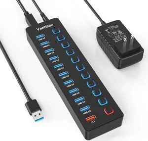 Powered USB Hub, 11-Port USB 3.0 Hub Splitter - 10 USB 3.0 Data Transfer Ports + 1 Smart Charging Port, USB Hub 3.0 Powered with Individual LED On/Off Switches and 5V/4A Power Adapter