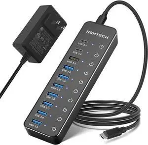Powered USB Hub 10-Port USB 3.2/USB C Hub 60W with 10Gbps USB-A 3.2 2 USB-C 3.2 7 USB 3.0 Ports Individual Touch Switches and 3.3ft Cable Hybrid USB Splitter for Laptop/PC RSH-ST10C