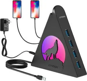 Powered USB Hub 3.0, JoyReken USB Hub with 4 USB 3.0 Data Ports and 2 USB Smart Charging Port, USB Hub Tower USB hub 3.0 Powered with 12V/4A Power Adapter for Mac PC Laptop USB Flash Drives