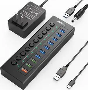 Powered USB 3.2 Hub 10Gbps, 10-Ports USB Hub with 7×USB 3.2 Ports, 3×Fast Charging Ports, 36W Power Adapter, Individual On/Off Switches and 2 USB Cable 3.3ft, Aluminum USB Hub Powered for Laptops, PC