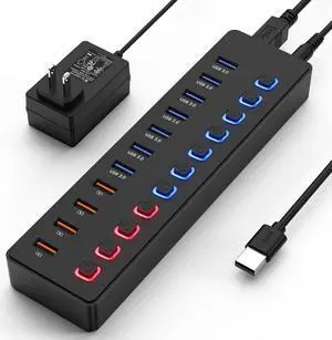 Powered USB hub USB hub11-Port hub Splitter (7 USB 3.0 Data Transfer Ports + 4 Smart Charging Port) Independent Switch (with LED Working Indicator) USB 3.0 Hub Powered with Power Adapter for Mac/PC