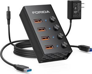 Powered Real USB 3.2 Hub, FORIDA 10Gbps 4-Port Multiple USB Port Splitter with Individual LED Switches and 5V Power Adapter USB Extension for MacBook, Dell,PC and More.