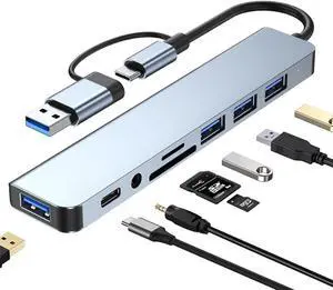 USB Hub of PC USB C Hub 8 in 1 USB Extender with 4 USB Port 1 USBC USB 3.0 Hub TF/SD Card Reader 3.5mm Audio Output for MacBook Pro/iPad Pro/HP Aluminum