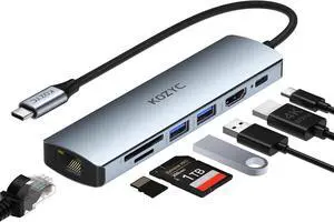 USB C Hub with Ethernet, KOZYC 7 in 1 USB-C Hub Multiport Adapter to HDMI 4K 60Hz, 1Gbps Ethernet, 100W PD Charging, 2 USB 3.0 Data, SD/TF Card Slots Port, Compatible with Laptop, Macbook Pro, UHDTV