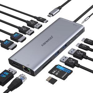 USB C Hub USB-C Docking Station Dual Monitor 14 in 1 Triple Display Multiport Adapter with 2 HDMI+DP+7 USB Type C/A Ports+Ethernet+Audio, USBC Dongle for Dell/HP/Lenovo ThinkPad/Surface(Grey)